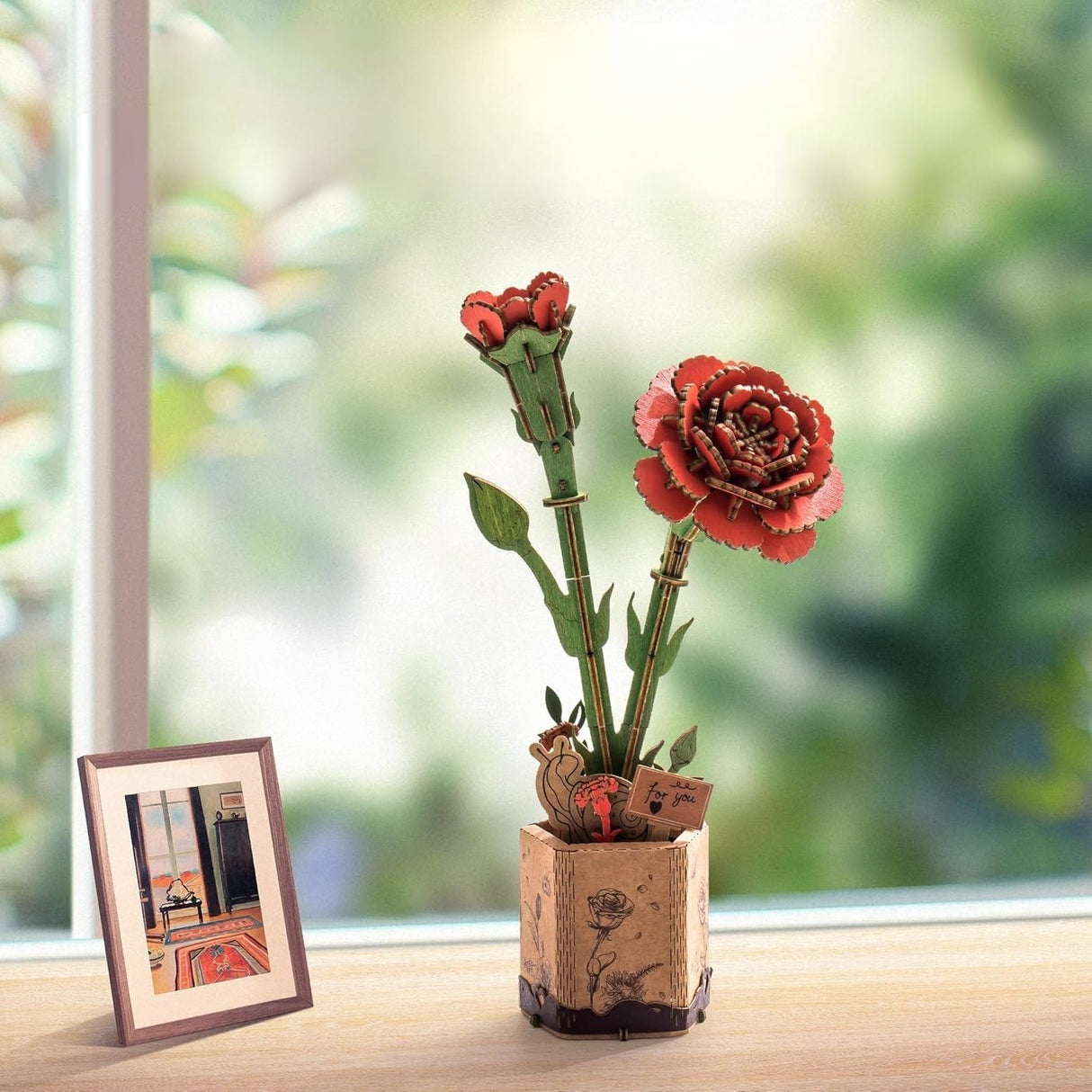 Rowood Wooden Bloom Craft - Miniatura Armable Flor Red Carnation (Clavel Rojo)