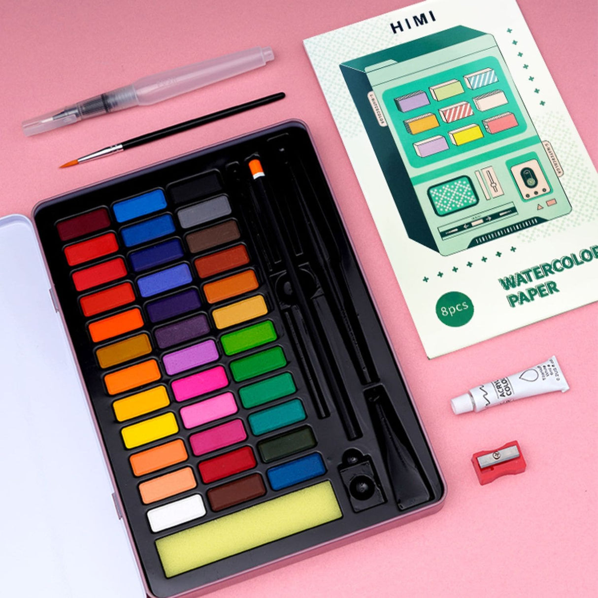 Miya - Kit Acuarelas 36 Colores Caja Metálica Rosada