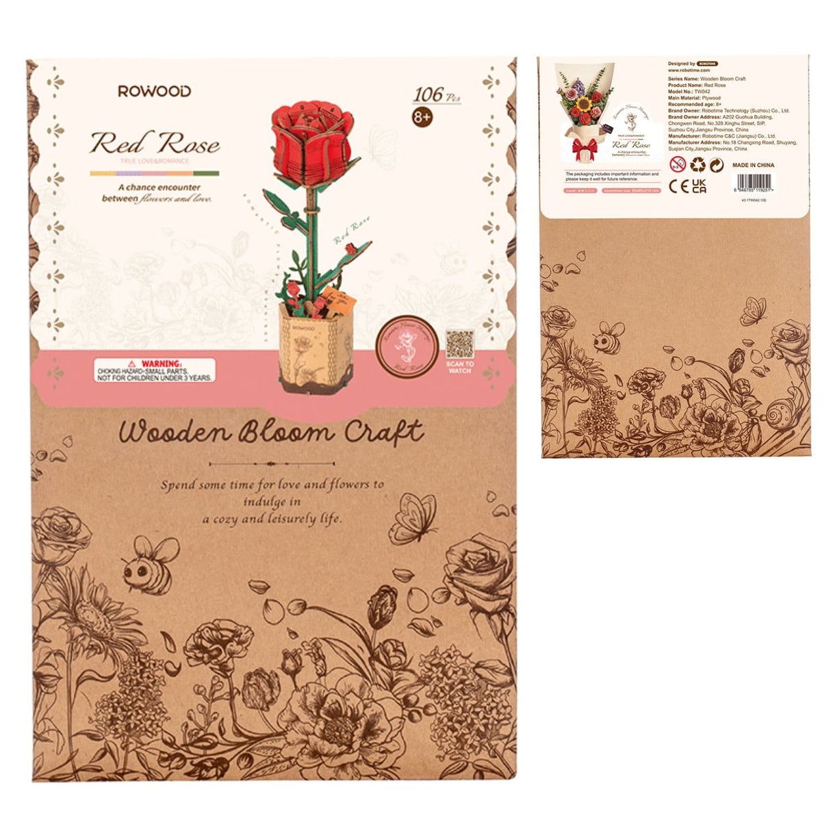 Rowood Wooden Bloom Craft - Miniatura Armable Flor Red Rose (Rosa Roja)